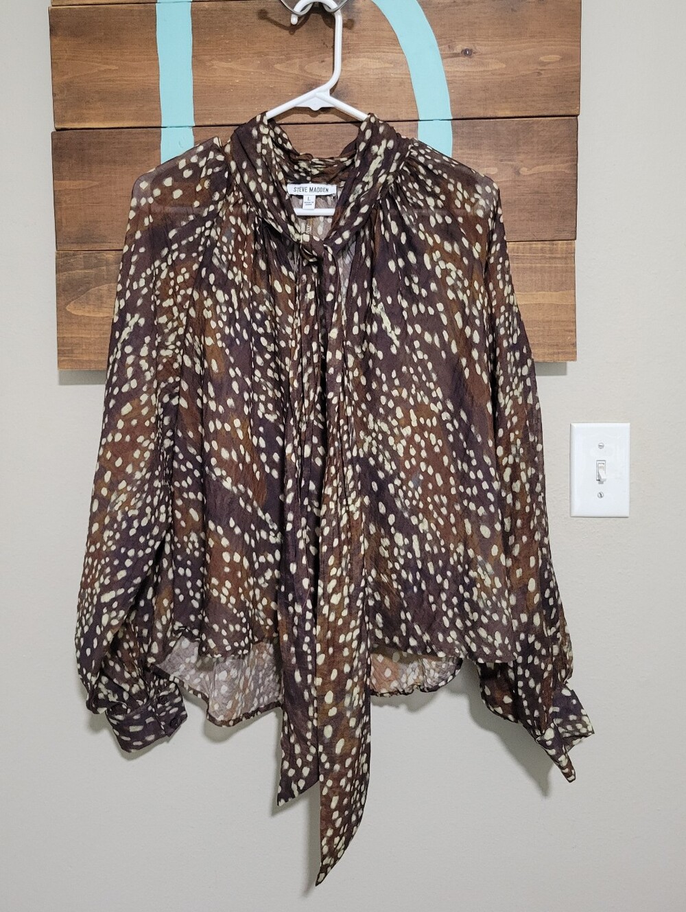 Steve Madden Brown and Cream Deer Printed Pussybow Tie Bishop Sleeve Blouse